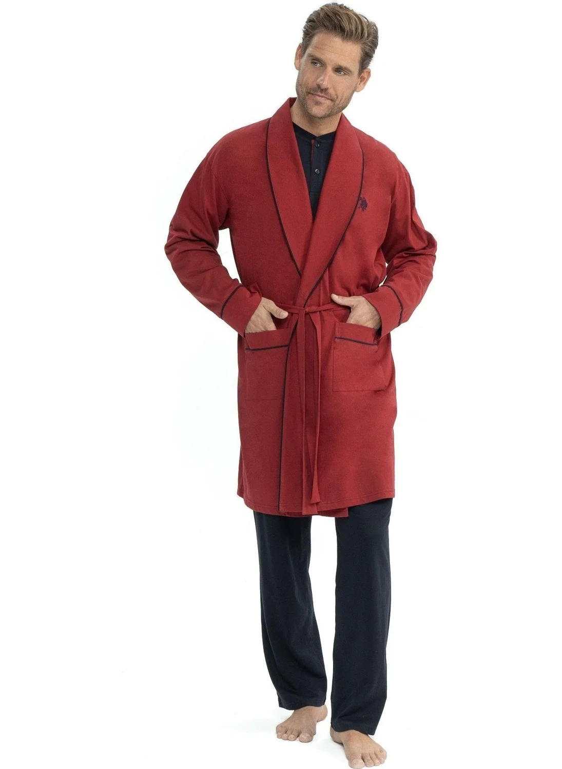 يو اس بولو اسن 12040 Men's 5-Piece Dressing Gown Pajama Set-Burgundy