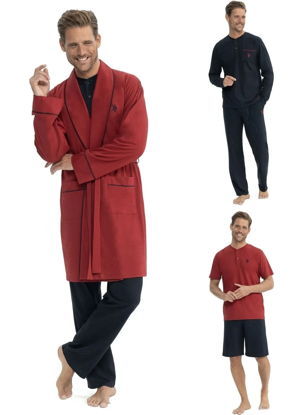 يو اس بولو اسن 12040 Men's 5-Piece Dressing Gown Pajama Set-Burgundy