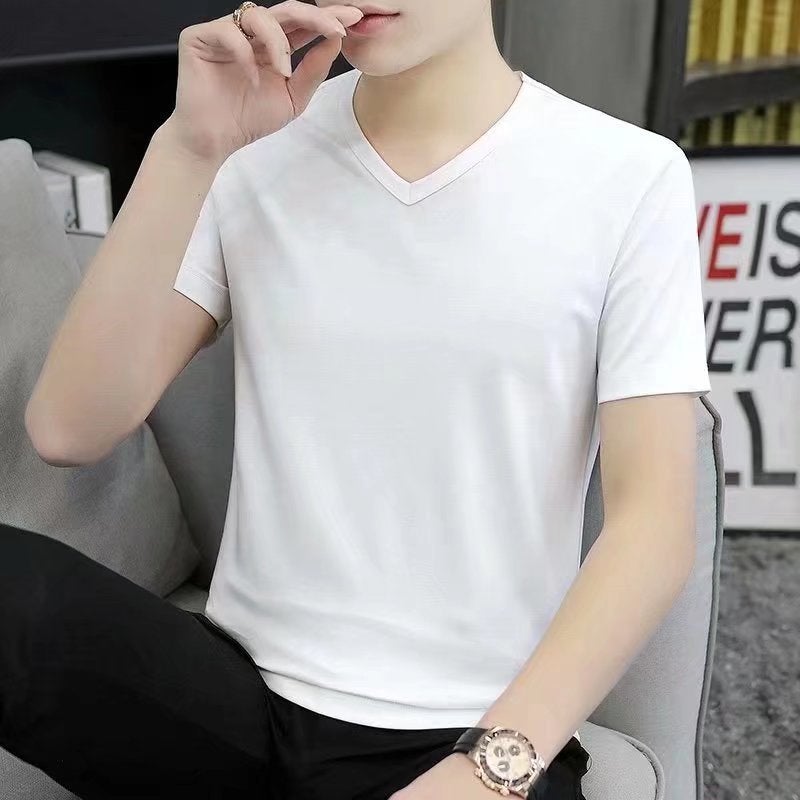 V-Neck Mens Tee Breathable Slim Summer Casual Beige White  - Image 2
