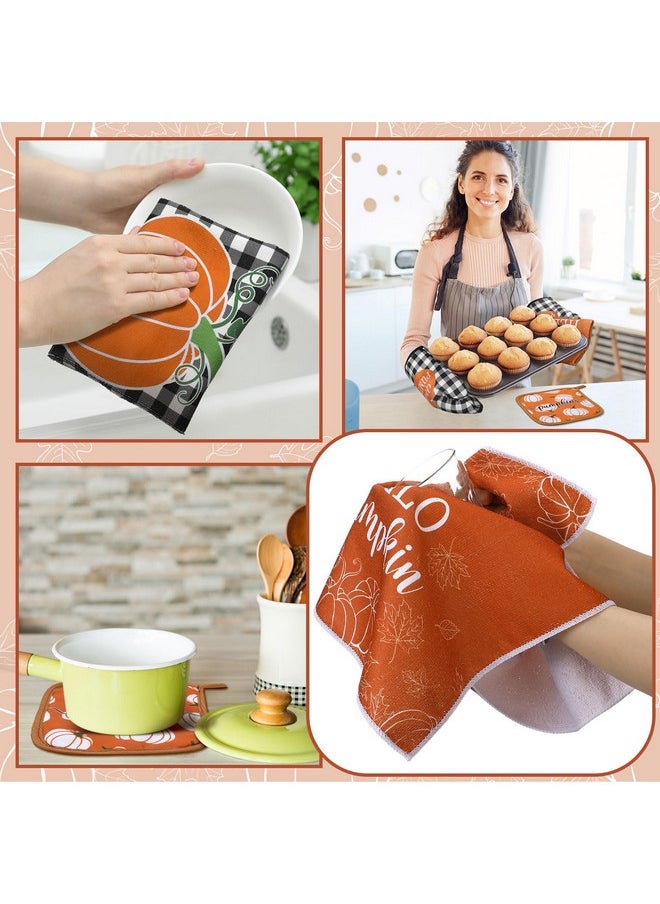 Leinuosen Leinuosen 6 Pack Fall Thanksgiving Kitchen Set with 2 Pcs Kitchen Pumpkin Dish Towel 2 Pcs Pumpkin Pot Holder and 2 Pcs Pumpkin Oven Mitt for Thanksgiving Kitchen Gifting Baking Cooking Accessories  - Image 4