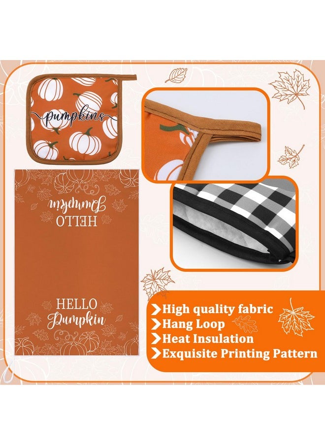 Leinuosen Leinuosen 6 Pack Fall Thanksgiving Kitchen Set with 2 Pcs Kitchen Pumpkin Dish Towel 2 Pcs Pumpkin Pot Holder and 2 Pcs Pumpkin Oven Mitt for Thanksgiving Kitchen Gifting Baking Cooking Accessories  - Image 5