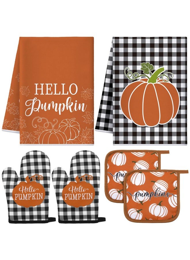 Leinuosen Leinuosen 6 Pack Fall Thanksgiving Kitchen Set with 2 Pcs Kitchen Pumpkin Dish Towel 2 Pcs Pumpkin Pot Holder and 2 Pcs Pumpkin Oven Mitt for Thanksgiving Kitchen Gifting Baking Cooking Accessories  - Image 1