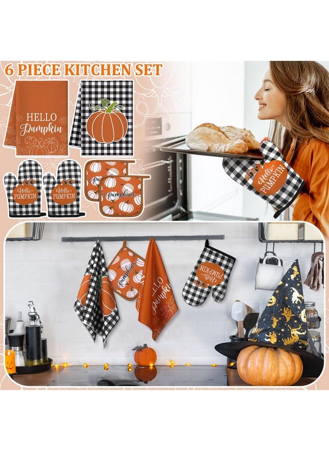 Leinuosen Leinuosen 6 Pack Fall Thanksgiving Kitchen Set with 2 Pcs Kitchen Pumpkin Dish Towel 2 Pcs Pumpkin Pot Holder and 2 Pcs Pumpkin Oven Mitt for Thanksgiving Kitchen Gifting Baking Cooking Accessories  - Image 2