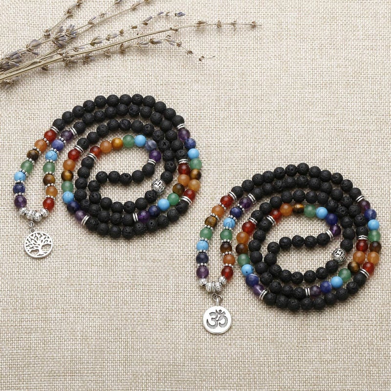 Jovivi 6mm Mala Beads 108 Lava Rock 7 Chakra Life Tree/Hamsa/OM/Lotus/Elephant Meditation Bracelet Necklace - Image 2