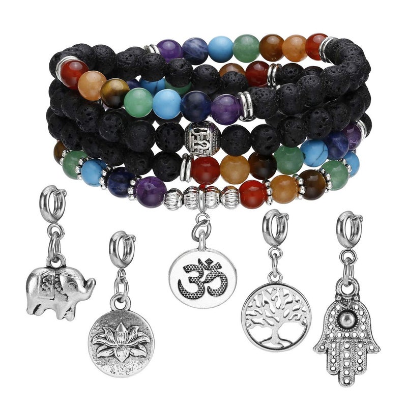 Jovivi 6mm Mala Beads 108 Lava Rock 7 Chakra Life Tree/Hamsa/OM/Lotus/Elephant Meditation Bracelet Necklace - Image 1