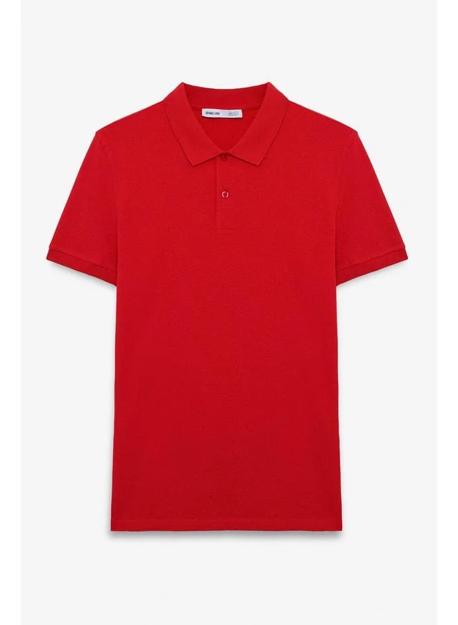 Grimelange SKYLOOM Men's 100% Cotton Short Sleeve Regular Fit Red Polo Collar T-shirt.