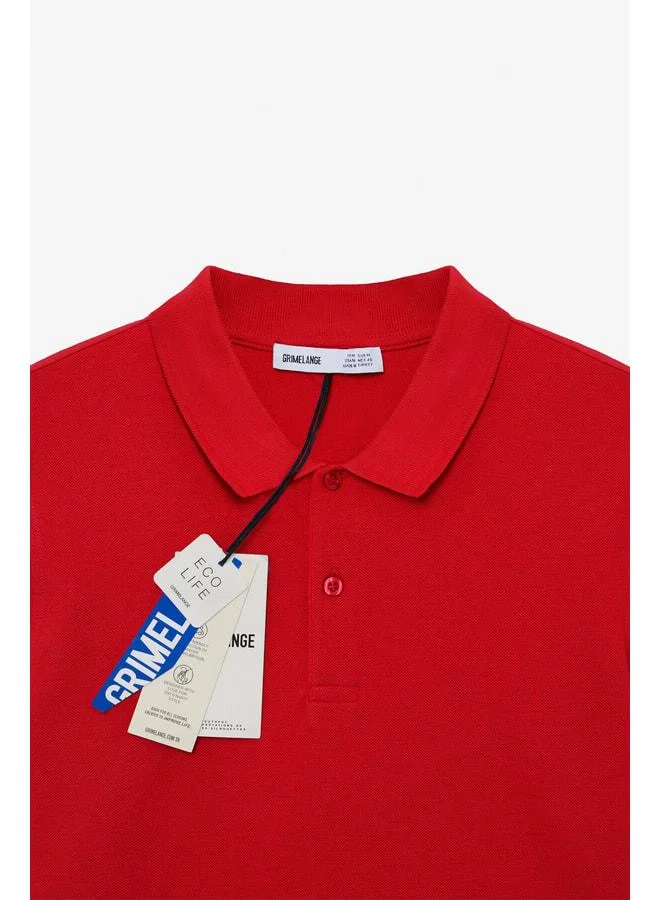 Grimelange SKYLOOM Men's 100% Cotton Short Sleeve Regular Fit Red Polo Collar T-shirt.