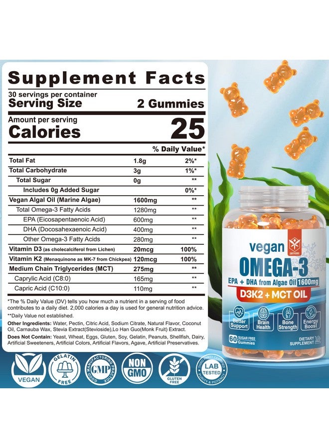 EnvyCure Vegan Omega 3 Gummies 1280mg + Vitamin D3 K2 (MK7), Omega 3 Fish Oil Alternative for Adults, w/Algae EPA 600mg & DHA 400mg, MCT Oil - No Fish Taste - for Brain, Eye, Immune Health, Sugar Free, 2 Pack - Image 1