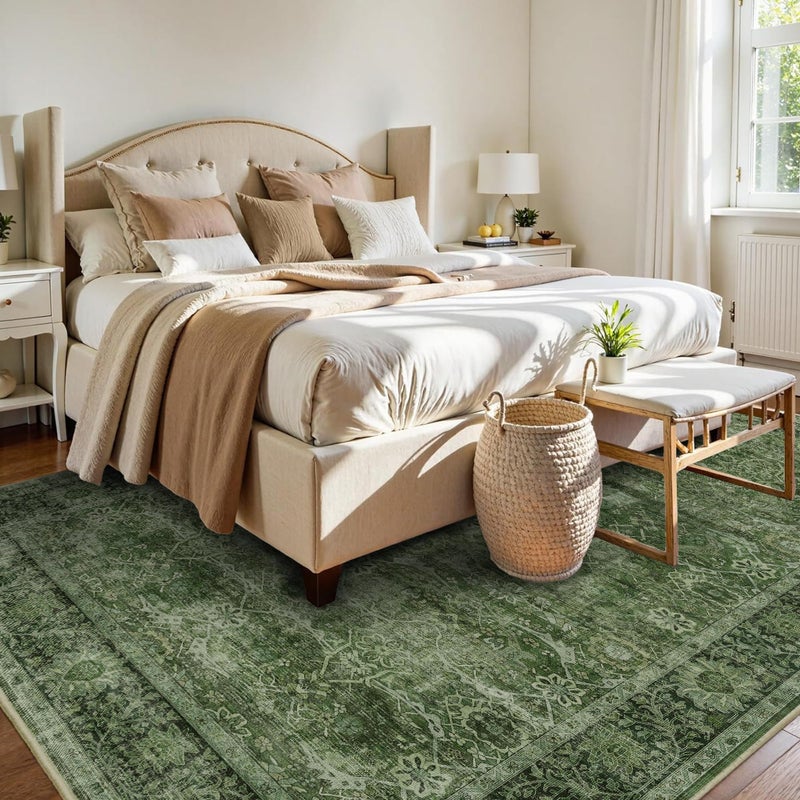 Zeeinx 6x9 Green Washable Rug for Living Room Large Vintage Distressed Bedroom Rug Low Pile Non-Slip Soft Boho Carpets for Bedroom Dining Room Home Office Indoor Nursery - Image 4