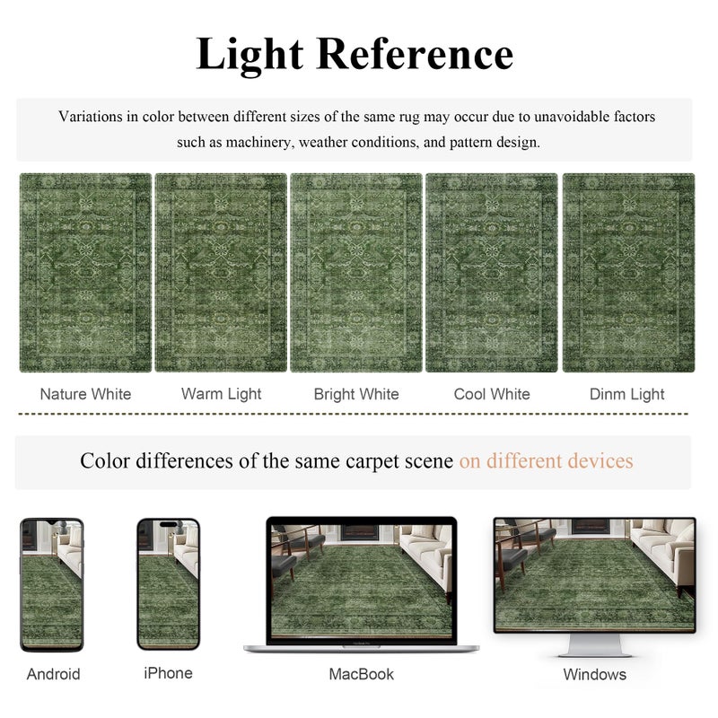 Zeeinx 6x9 Green Washable Rug for Living Room Large Vintage Distressed Bedroom Rug Low Pile Non-Slip Soft Boho Carpets for Bedroom Dining Room Home Office Indoor Nursery - Image 5