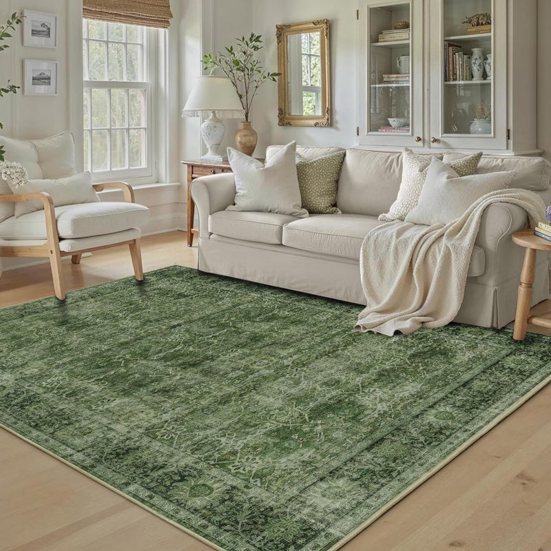 Zeeinx 6x9 Green Washable Rug for Living Room Large Vintage Distressed Bedroom Rug Low Pile Non-Slip Soft Boho Carpets for Bedroom Dining Room Home Office Indoor Nursery - Image 3