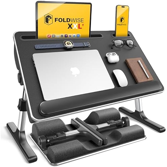 FoldWise BED TABLE WITH SOFT CUSHIONS - ADJUSTABLE HEIGHT & ANGLE, FOLDABLE LAP DESK WITH WRIST REST, TABLET HOLDER, EDGE STOPPER & LAPTOP TABLE NON-SLIP LEATHER SURFACE, IDEAL FOR BED DESK & SOFA - Image 1