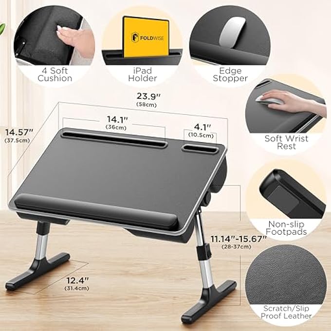 FoldWise BED TABLE WITH SOFT CUSHIONS - ADJUSTABLE HEIGHT & ANGLE, FOLDABLE LAP DESK WITH WRIST REST, TABLET HOLDER, EDGE STOPPER & LAPTOP TABLE NON-SLIP LEATHER SURFACE, IDEAL FOR BED DESK & SOFA - Image 3