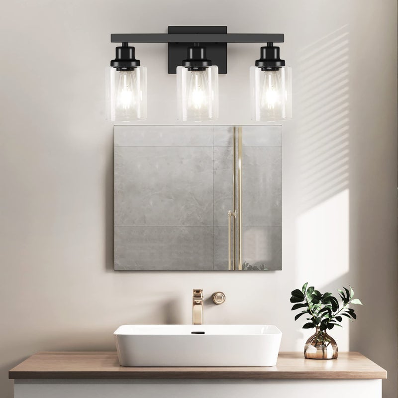 DIKAIDA 3-Light Bathroom Light Fixtures, Black Bathroom Vanity Light with Clear Glass Shade, Modern Bathroom Wall Lights Over Mirror, Farmhouse Wall Sconces Lighting for Bedroom LivingRoom - Image 2