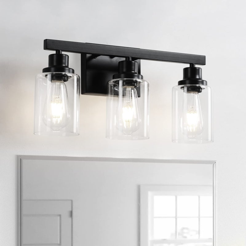 DIKAIDA 3-Light Bathroom Light Fixtures, Black Bathroom Vanity Light with Clear Glass Shade, Modern Bathroom Wall Lights Over Mirror, Farmhouse Wall Sconces Lighting for Bedroom LivingRoom - Image 1