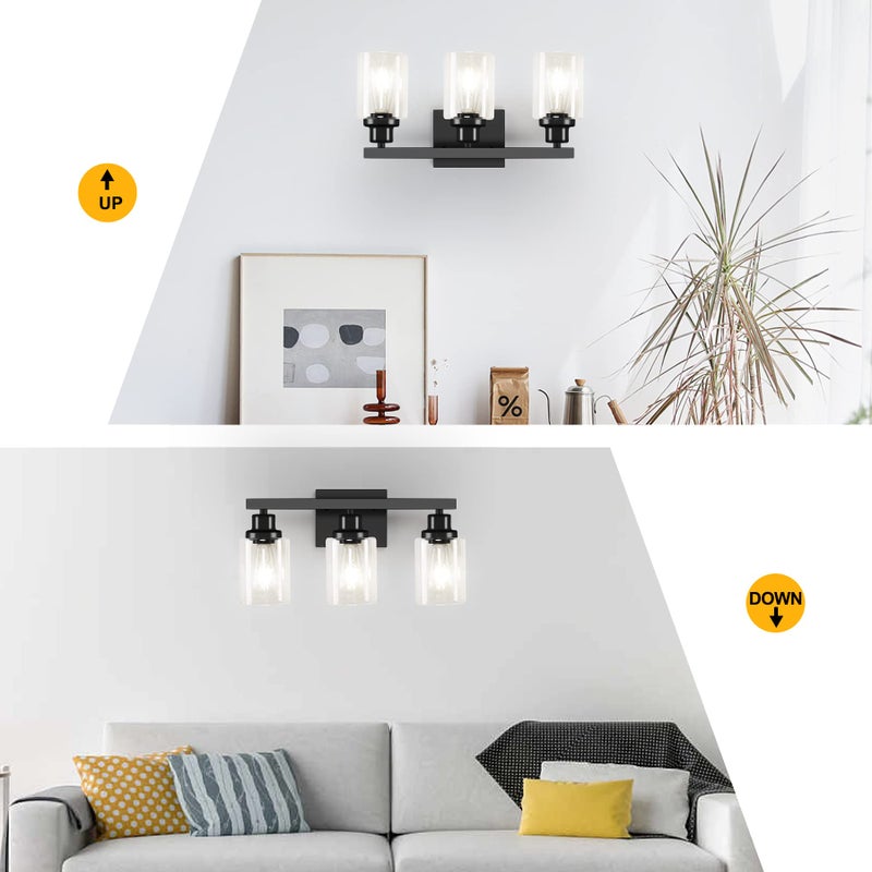 DIKAIDA 3-Light Bathroom Light Fixtures, Black Bathroom Vanity Light with Clear Glass Shade, Modern Bathroom Wall Lights Over Mirror, Farmhouse Wall Sconces Lighting for Bedroom LivingRoom - Image 4