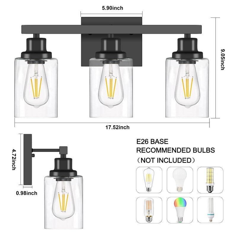 DIKAIDA 3-Light Bathroom Light Fixtures, Black Bathroom Vanity Light with Clear Glass Shade, Modern Bathroom Wall Lights Over Mirror, Farmhouse Wall Sconces Lighting for Bedroom LivingRoom - Image 5