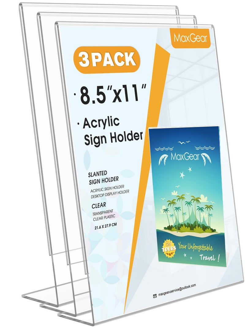 MaxGear Acrylic Sign Holder, Clear Sign Holder Plastic Paper Holder Slant Back Sign Holders 8.5x11 inches Sign Holder Plastic Display Stand for Office, Store, 3 Pack - Image 1