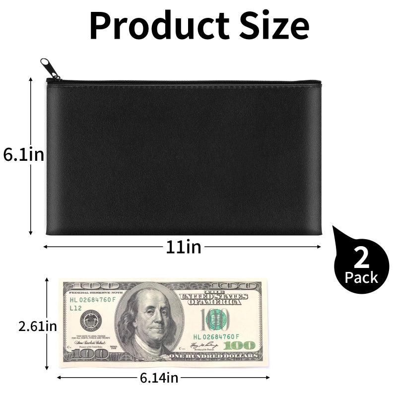 Hoiny 2 Pack Money Bags with Zipper, 11x6.1 Inch PU Leather Cash Pouch, Secure Bank Bag for Coins, Bills, Checks, Invoices, Cosmetics, Tools (Black) - Image 2