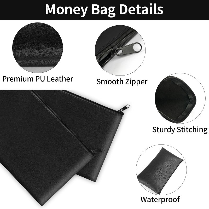 Hoiny 2 Pack Money Bags with Zipper, 11x6.1 Inch PU Leather Cash Pouch, Secure Bank Bag for Coins, Bills, Checks, Invoices, Cosmetics, Tools (Black) - Image 3