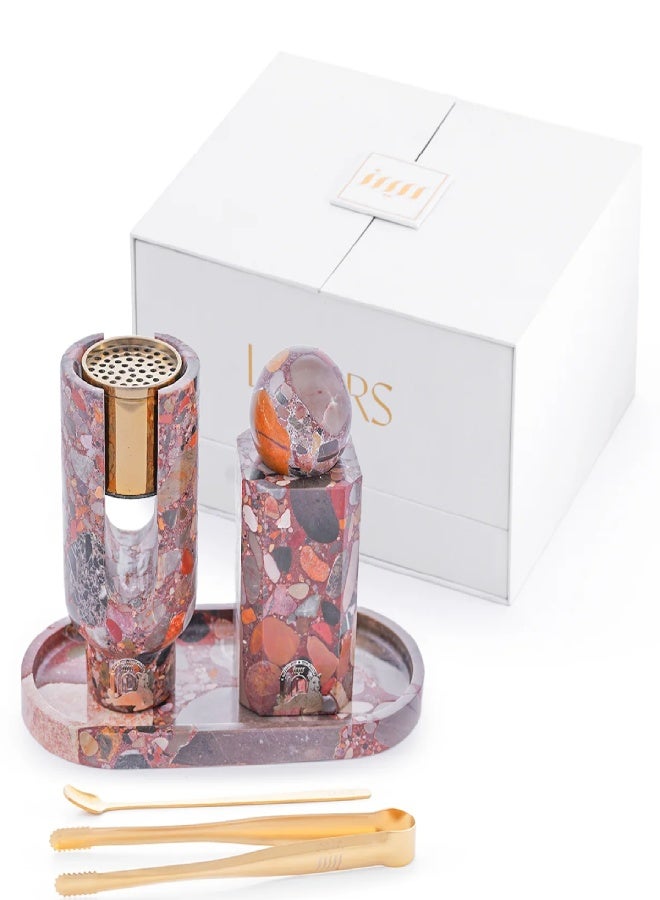 Layers Ofra (Red Terrazzo) Full Set – Incense Burner, Oud Storage & Tray – Composite Marble with Golden Accessories - Image 2