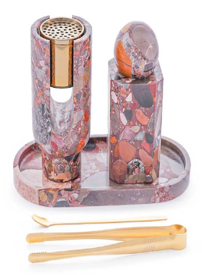 Layers Ofra (Red Terrazzo) Full Set – Incense Burner, Oud Storage & Tray – Composite Marble with Golden Accessories - Image 1