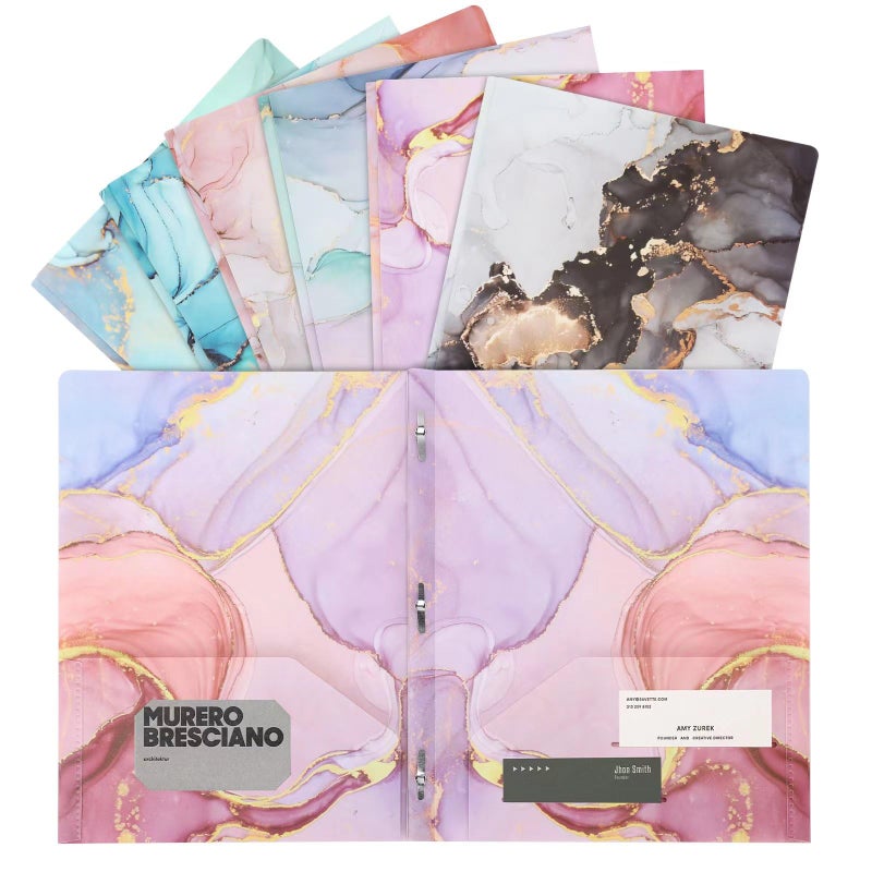 Ddaowanx Folders with Pockets and Prongs, 6 Pack 2 Pocket 3 Prong Cute Marble Style Folder,Plastic Folders for Documents Back to School Supplies(6) - Image 1