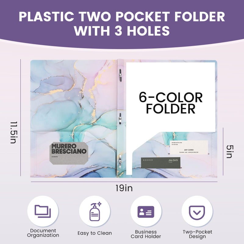 Ddaowanx Folders with Pockets and Prongs, 6 Pack 2 Pocket 3 Prong Cute Marble Style Folder,Plastic Folders for Documents Back to School Supplies(6) - Image 2