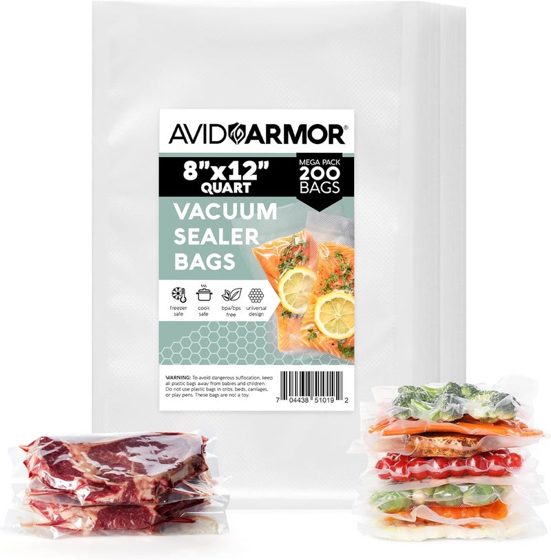 Avid Armor Vacuum Sealer Bags 200 Quart 8x12" For Food Saver, Commercial Grade, BPA Free, Heavy Duty, Pre-cut, for Vac Storage, Meal Prep, Sous Vide, or Dehydrated Freeze Dried Foods - Image 1