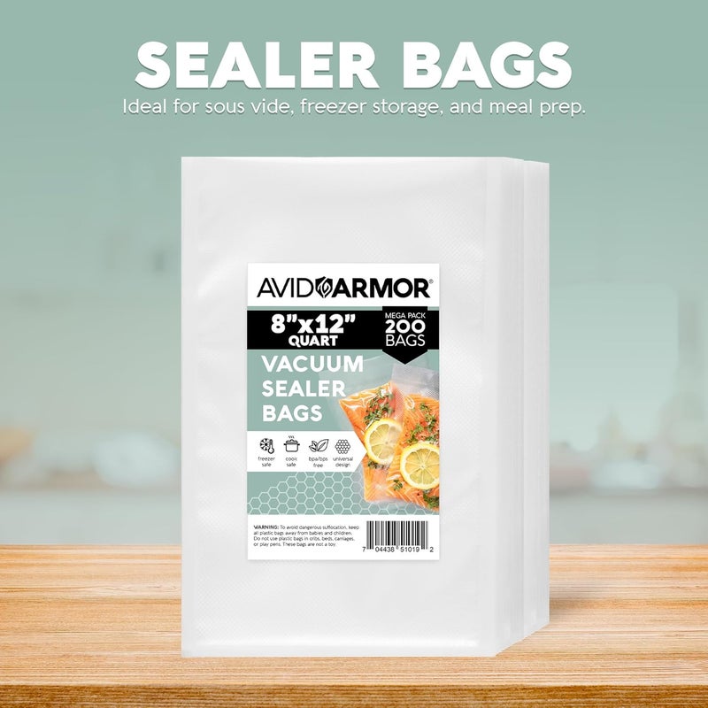Avid Armor Vacuum Sealer Bags 200 Quart 8x12" For Food Saver, Commercial Grade, BPA Free, Heavy Duty, Pre-cut, for Vac Storage, Meal Prep, Sous Vide, or Dehydrated Freeze Dried Foods - Image 2