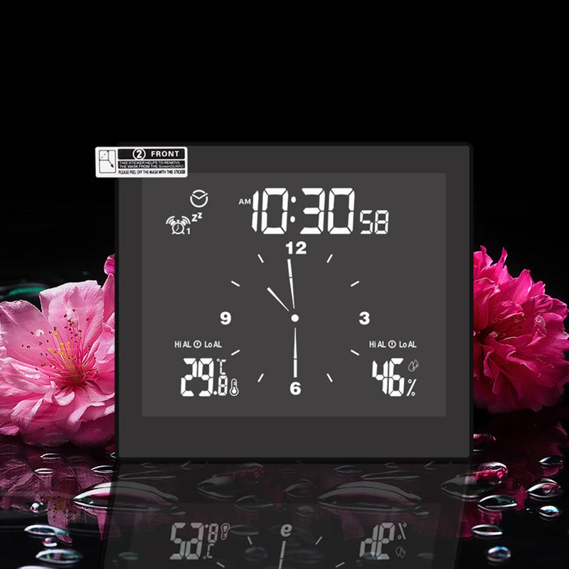 ساعة جدارية مائية الشاشة LCD، عداد ديجيتالي لعرض درجة الحرارة والرطوبة، مقياس حرارة داخلي مع خاصيات تنبيه الحد الأعلى/الأسفل وسمات التنبيه العكسي للساعة، للمنزل والحمام - Image 3