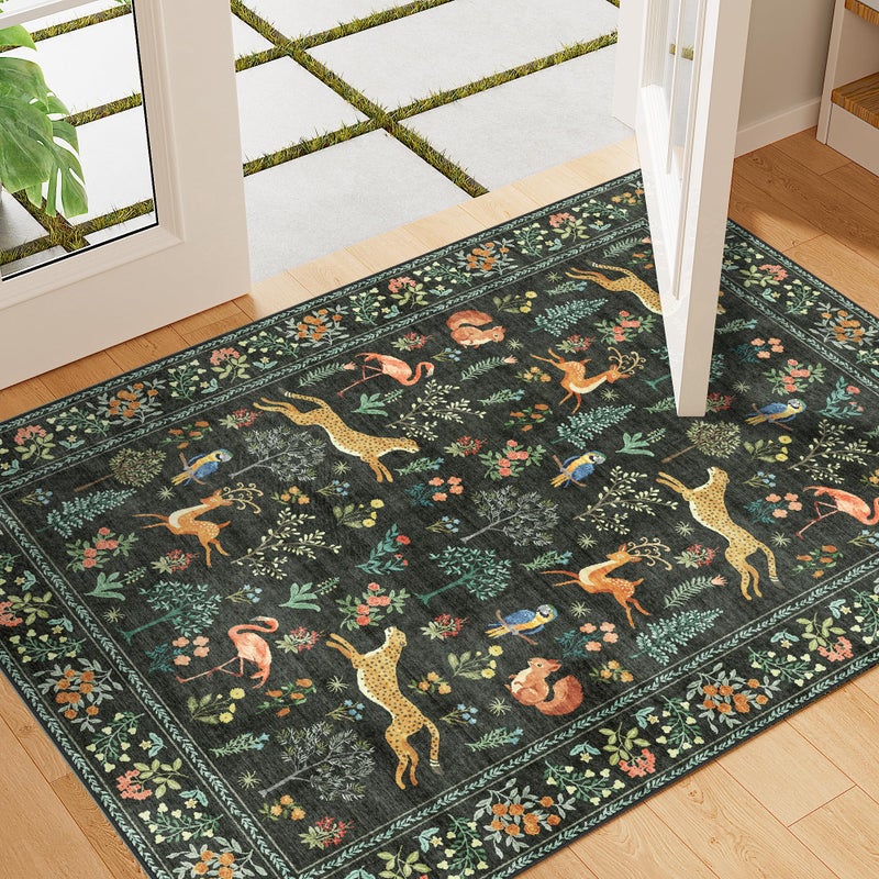 DUKINO 2x3 Rug, Washable Animal Rugs for Entryway, Non Slip Indoor Door Mat, Soft Low Pile Small Area Carpet for Entrance, Bedroom, Kitchen, Laundry, Bathroom, Black - Image 1