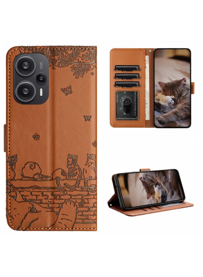 Case For Xiaomi Poco F5 Cat Embossing Pattern Leather Phone Case with Lanyard