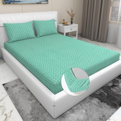 RD TREND Presents Luxurious Glace Cotton Super Soft 210 TC 360° Elastic Fitted Bedsheet King Size (78X72X8 Inch) with 2 Pillow Covers, Color-Green,Pattern-Solid - Image 1