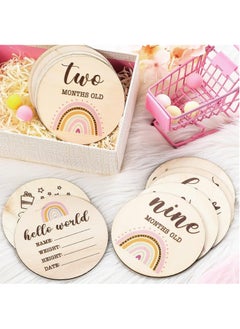 Gonice 13 Pieces Wooden Baby Milestone Cards Boho Rainbow Double Sided Printed Milestone Discs Wood Gift Photo Prop Discs Sets Birth Announcement Sign for Baby Shower and Newborn Photo Props  - Image 5