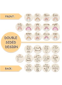 Gonice 13 Pieces Wooden Baby Milestone Cards Boho Rainbow Double Sided Printed Milestone Discs Wood Gift Photo Prop Discs Sets Birth Announcement Sign for Baby Shower and Newborn Photo Props  - Image 3