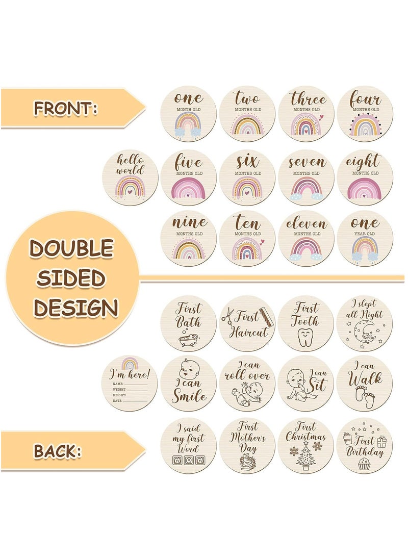 Gonice 13 Pieces Wooden Baby Milestone Cards Boho Rainbow Double Sided Printed Milestone Discs Wood Gift Photo Prop Discs Sets Birth Announcement Sign for Baby Shower and Newborn Photo Props  - Image 3