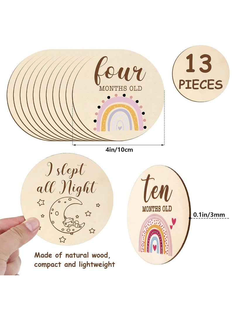 Gonice 13 Pieces Wooden Baby Milestone Cards Boho Rainbow Double Sided Printed Milestone Discs Wood Gift Photo Prop Discs Sets Birth Announcement Sign for Baby Shower and Newborn Photo Props  - Image 2