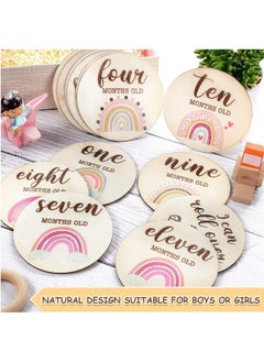 Gonice 13 Pieces Wooden Baby Milestone Cards Boho Rainbow Double Sided Printed Milestone Discs Wood Gift Photo Prop Discs Sets Birth Announcement Sign for Baby Shower and Newborn Photo Props  - Image 4