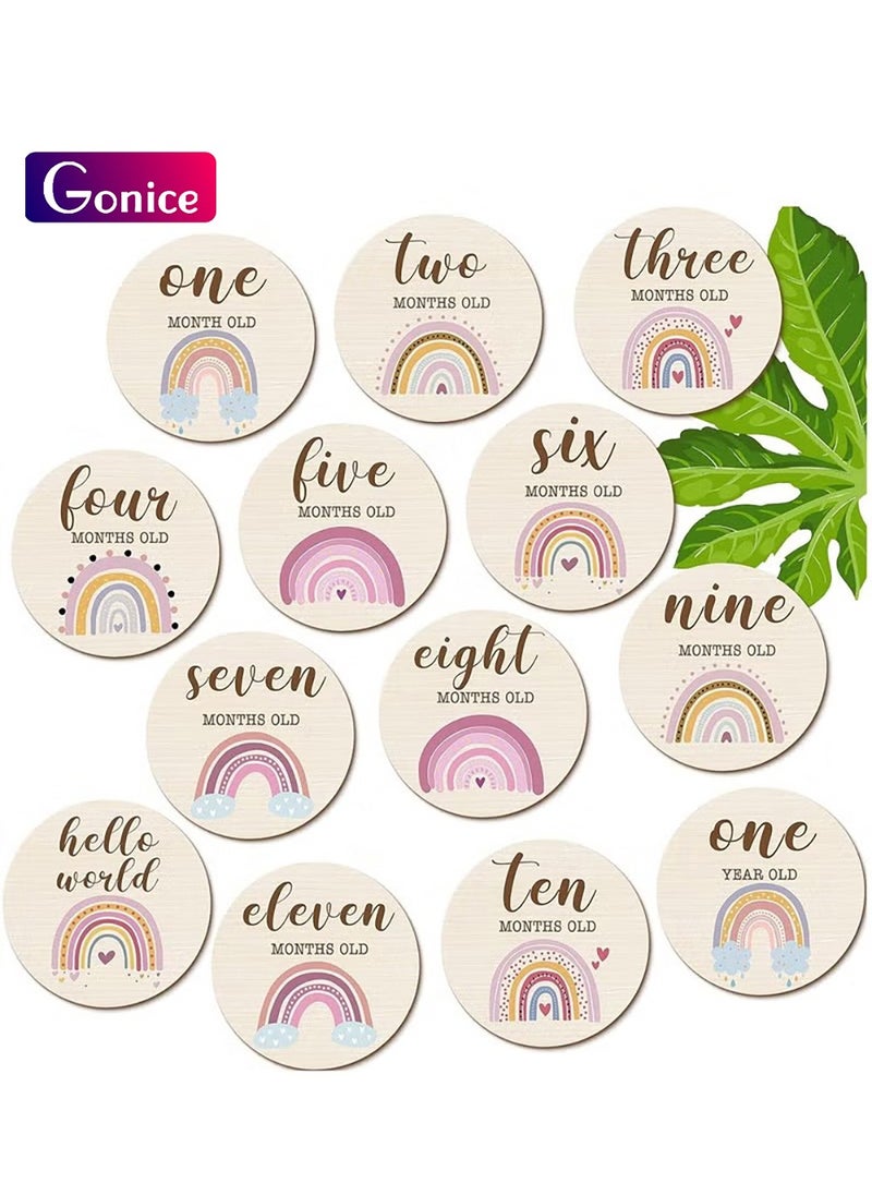 Gonice 13 Pieces Wooden Baby Milestone Cards Boho Rainbow Double Sided Printed Milestone Discs Wood Gift Photo Prop Discs Sets Birth Announcement Sign for Baby Shower and Newborn Photo Props  - Image 1