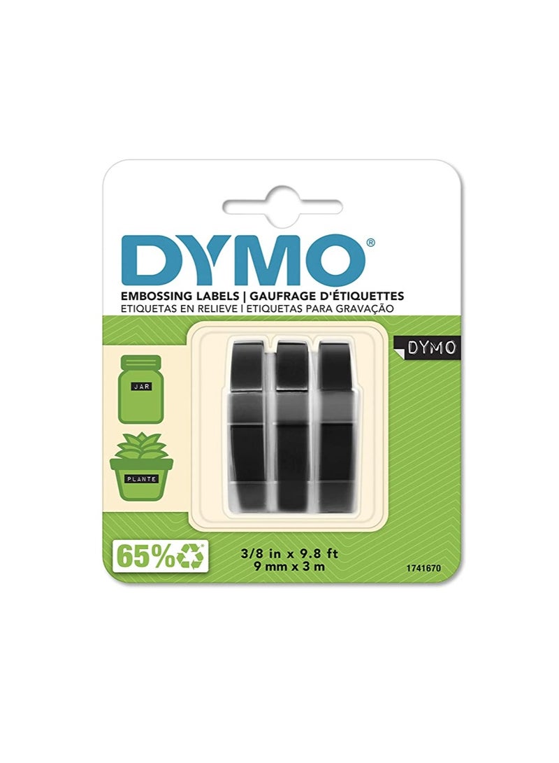 Dymo DYMO Embossing Tape 9mm x 3m – White Text on Black, Pack of 3 (S0847730)  - Image 1
