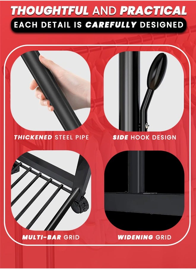 Double Rod Clothing Rack with Wheels and Double layer Storage Shelves - Rolling Garment Rack for Hanging Clothes with 4 Hooks, Multi-functional and Heavy Duty Clothes Rack for Bedroom, Black - pzsku/ZABEF770EA19C9D4E7CE4Z/45/1741074222/b468710e-4e07-40aa-9498-3d003dfbaa14