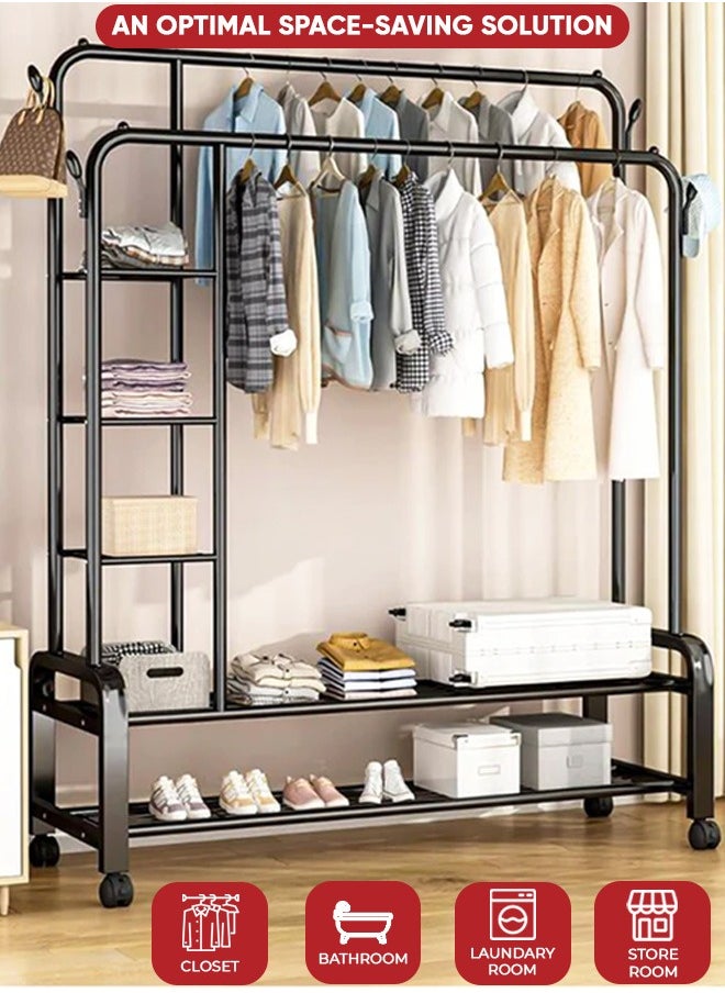 Double Rod Clothing Rack with Wheels and Double layer Storage Shelves - Rolling Garment Rack for Hanging Clothes with 4 Hooks, Multi-functional and Heavy Duty Clothes Rack for Bedroom, Black - pzsku/ZABEF770EA19C9D4E7CE4Z/45/1741074233/d416c61c-dc94-4295-b4eb-678c54d2881f