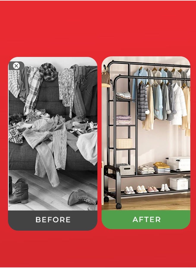 Double Rod Clothing Rack with Wheels and Double layer Storage Shelves - Rolling Garment Rack for Hanging Clothes with 4 Hooks, Multi-functional and Heavy Duty Clothes Rack for Bedroom, Black - pzsku/ZABEF770EA19C9D4E7CE4Z/45/1741074510/18ea306c-a2f8-483b-a43e-e2d51508f200
