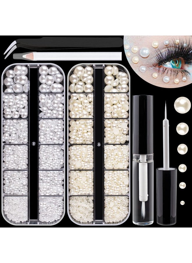 BELLEBOOST 2700 Pcs Of 2 Boxes Flat Back Pearls Kits Half Round White+Beige Pearls With Quick Dry Makeup Glue+Picker Pencil+Tweezer For Nail Art And Face Eye Body Makeup  - Image 1