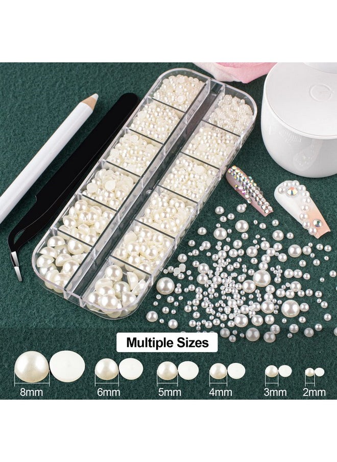 BELLEBOOST 2700 Pcs Of 2 Boxes Flat Back Pearls Kits Half Round White+Beige Pearls With Quick Dry Makeup Glue+Picker Pencil+Tweezer For Nail Art And Face Eye Body Makeup  - Image 3