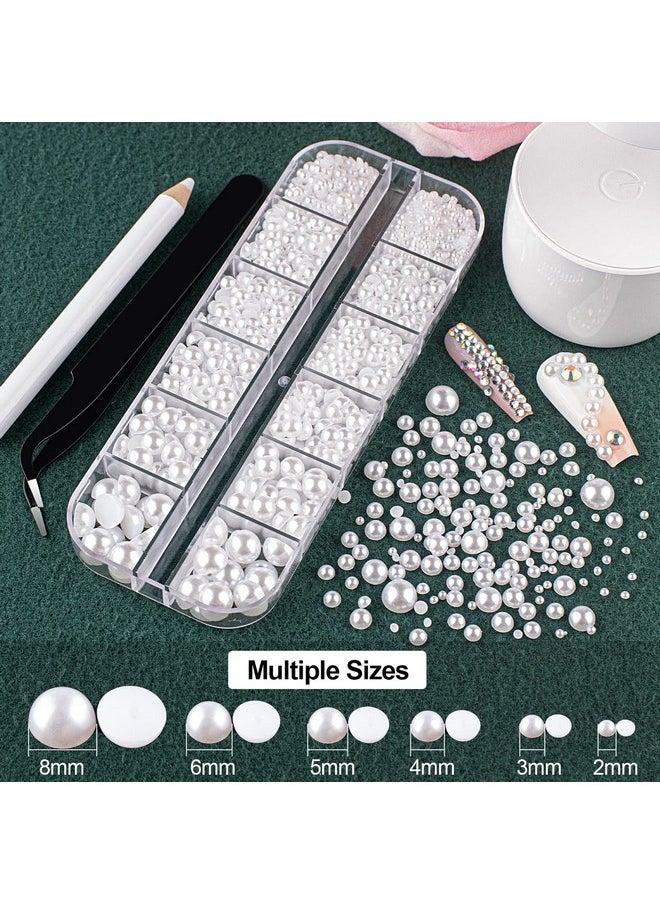 BELLEBOOST 2700 Pcs Of 2 Boxes Flat Back Pearls Kits Half Round White+Beige Pearls With Quick Dry Makeup Glue+Picker Pencil+Tweezer For Nail Art And Face Eye Body Makeup  - Image 2