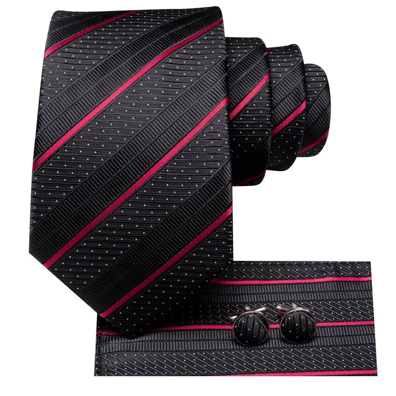 Dubulle Mens Paisley Striped Tie and Handkerchief Cufflinks Tie Set for Men Wedding Business Formal,Black Red - Image 3