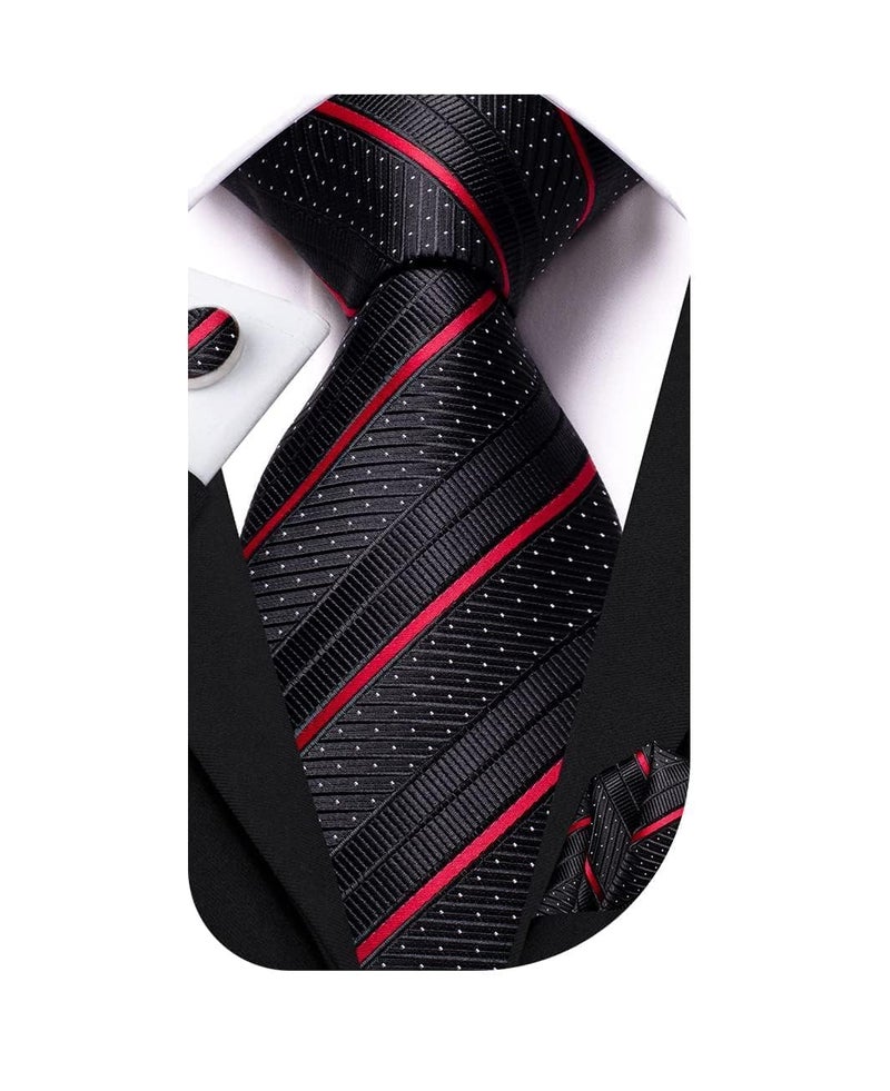 Dubulle Mens Paisley Striped Tie and Handkerchief Cufflinks Tie Set for Men Wedding Business Formal,Black Red - Image 1