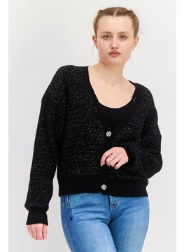 Black Tape Women V Neck Long Sleeve Textured Cardigan, Black  - Image 1
